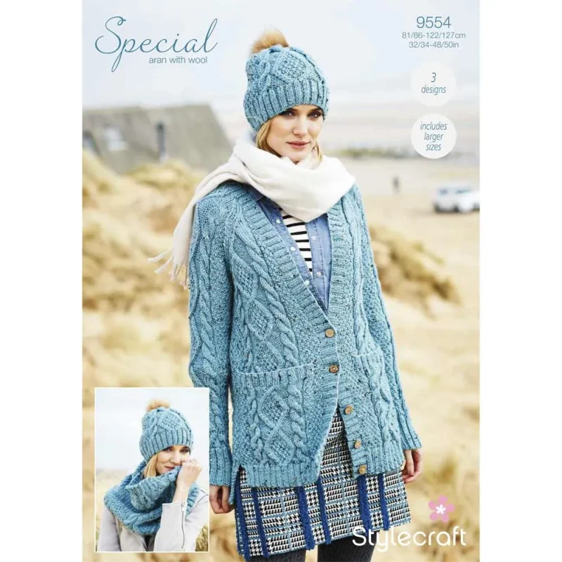 aran wool cardigan snood hat set digital pattern