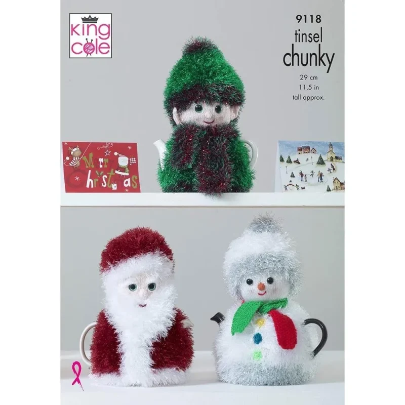 christmas tea cozies in king cole tinsel chunky dk digital pattern 9118