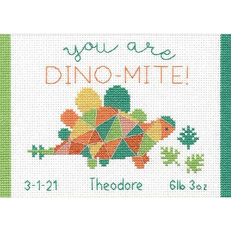 dino mite birth record cross stitch kit dimensions