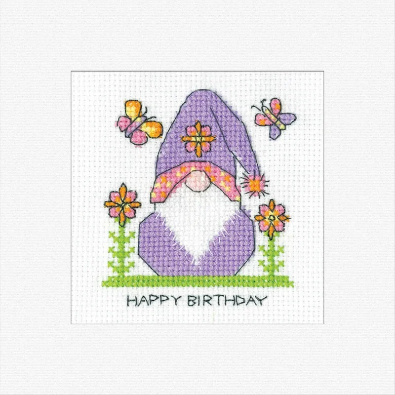 gonk birthday cross stitch kit flowers greetings card