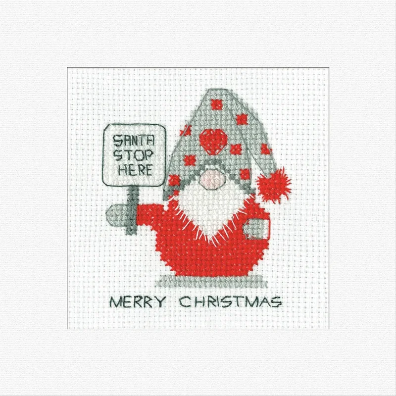 gonk santa stop here cross stitch kit heritage crafts greetings card