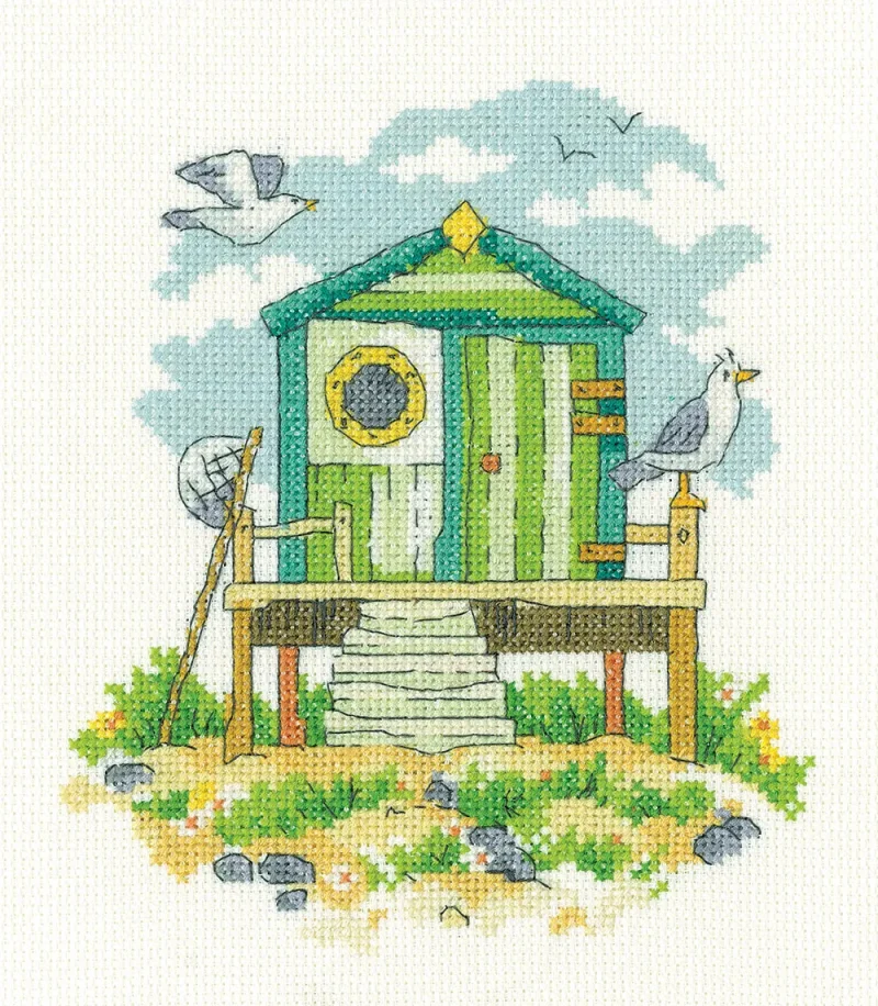 green beach hut cross stitch kit heritage crafts