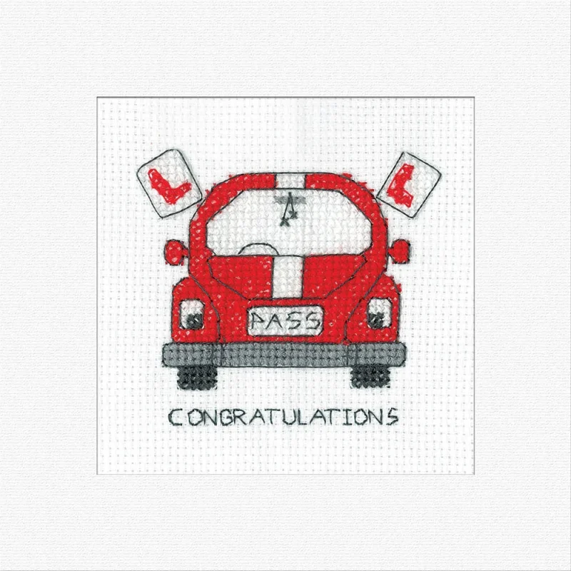 heritage crafts cross stitch kit driving test greeting card