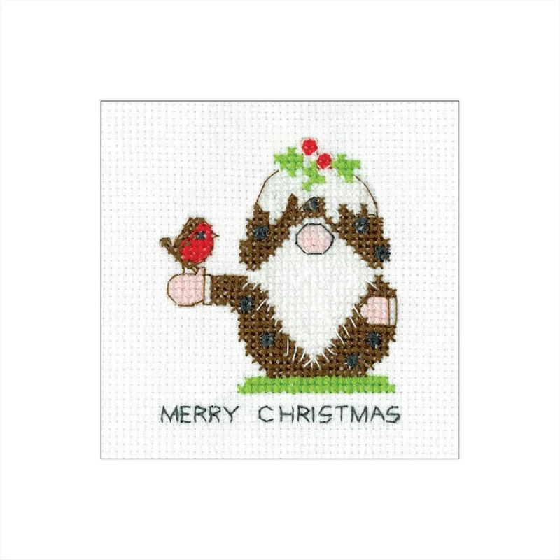 heritage crafts cross stitch kit gonk christmas pudding robin greetings card