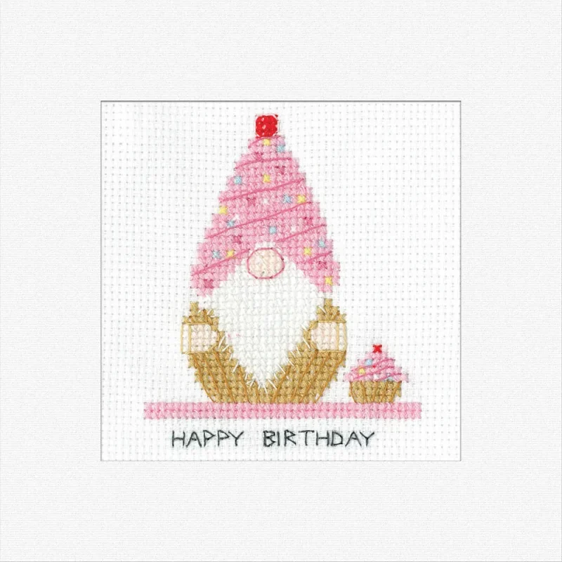 heritage crafts gonk birthday cross stitch kit cupcake greetings card