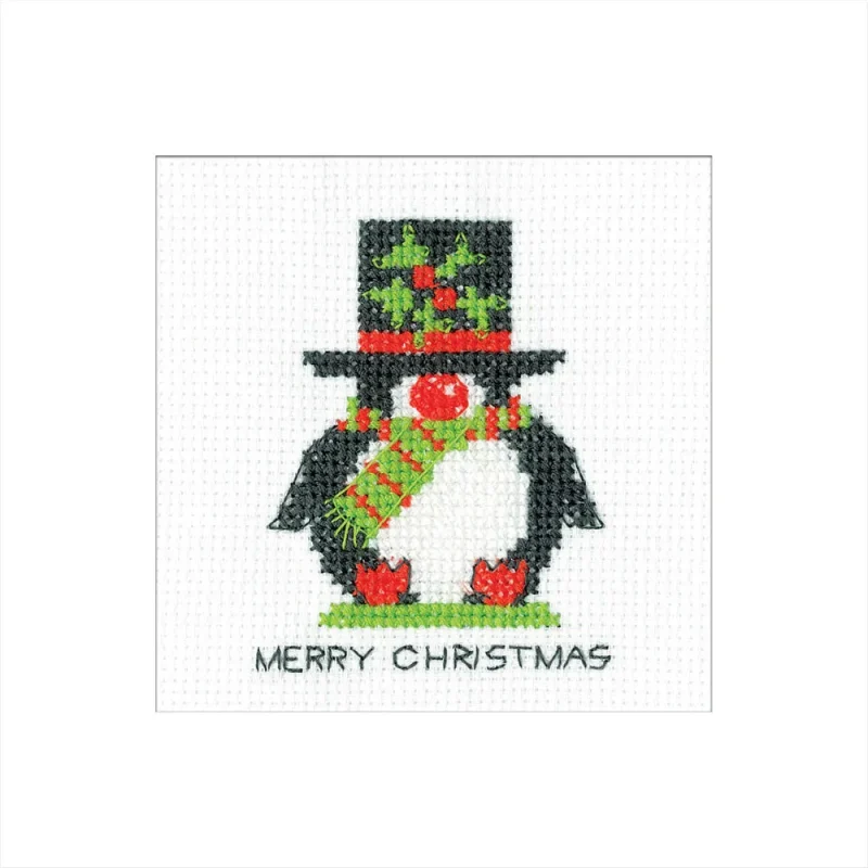 penguin top hat cross stitch kit heritage crafts greetings card