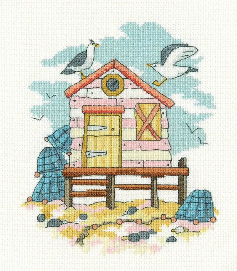 pink beach hut cross stitch kit heritage crafts by the sea