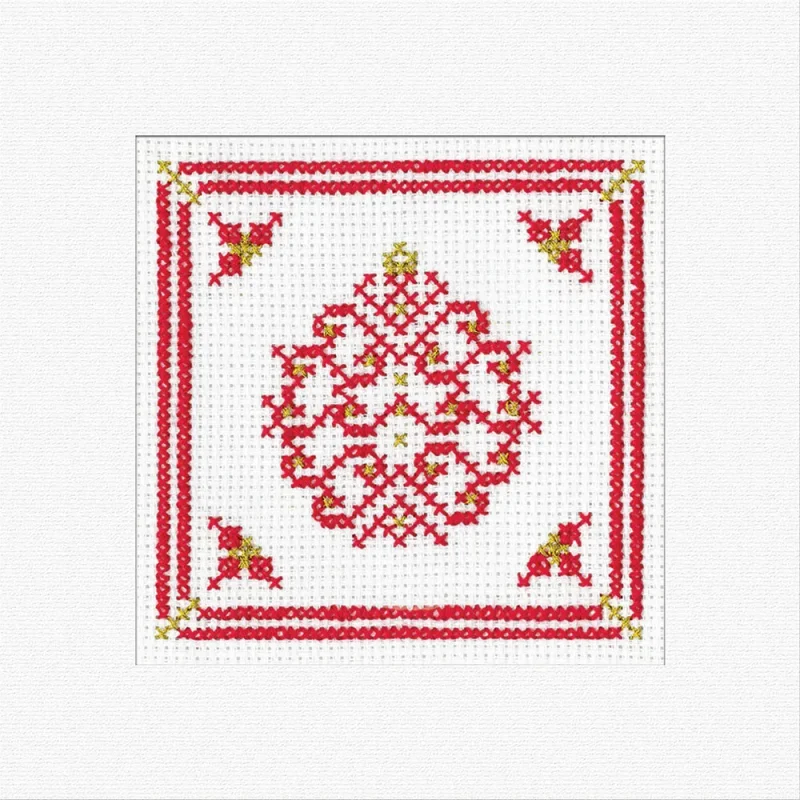 red filigree christmas bauble cross stitch kit heritage crafts greetings card