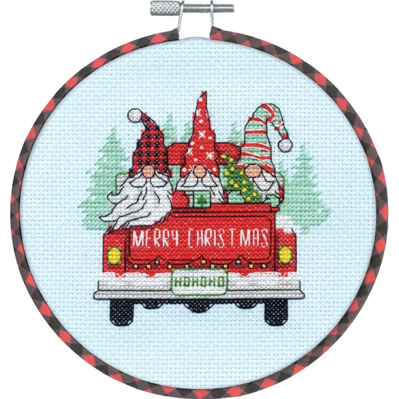 red truck gnome cross stitch set