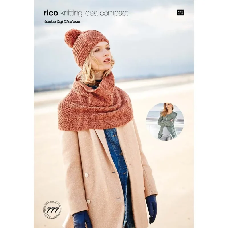 rico creative soft wool aran jacket snood hat set