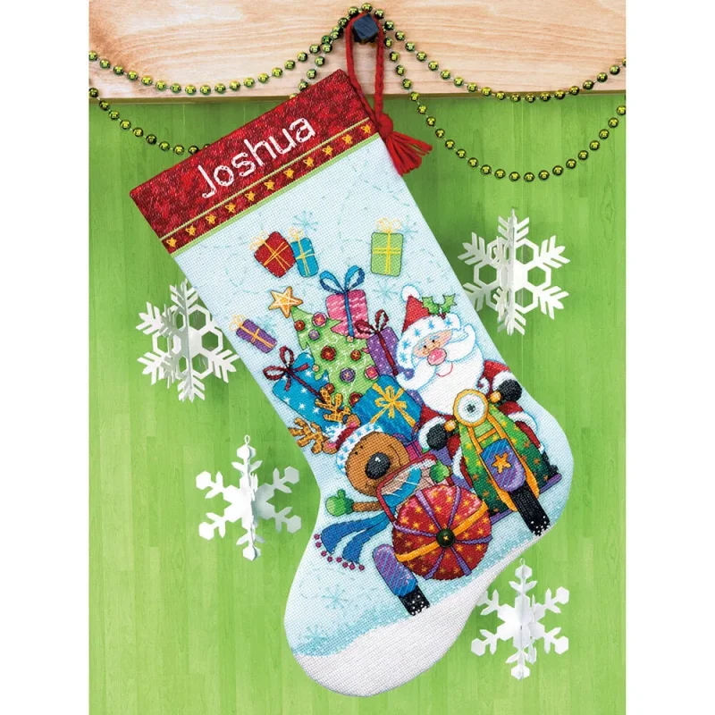 santa s sidecar cross stitch kit with stocking design