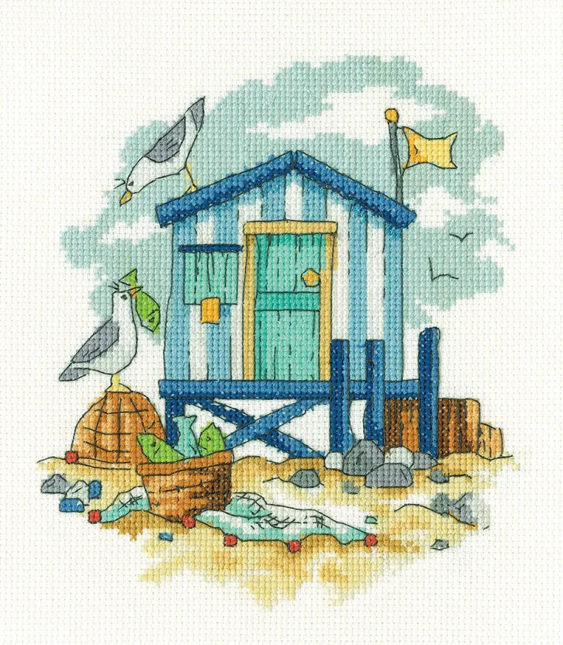 sea blue beach hut cross stitch kit