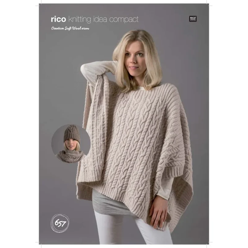 soft wool aran poncho snood hat set by rico