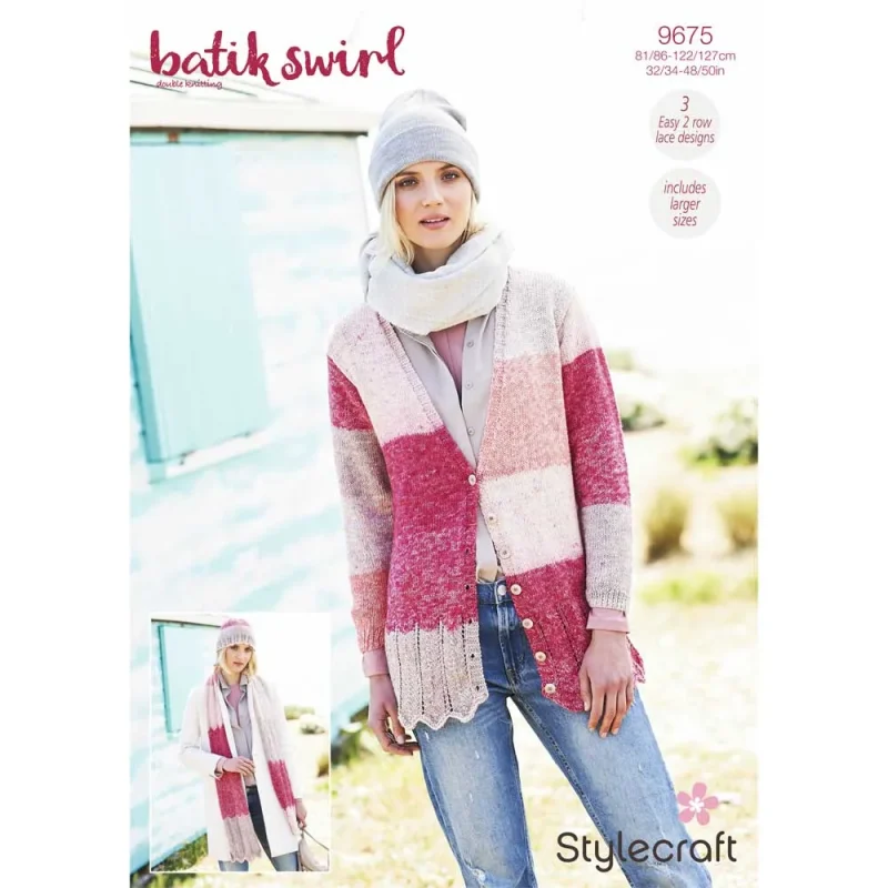 stylecraft batik swirl dk cardigan scarf hat set