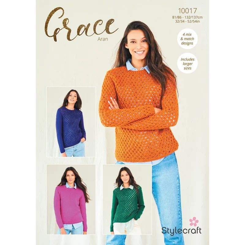 stylecraft grace aran sweaters digital pattern 10017