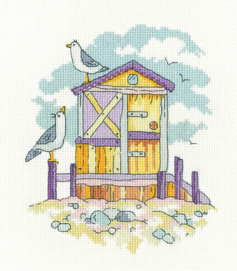 yellow beach hut cross stitch kit heritage crafts